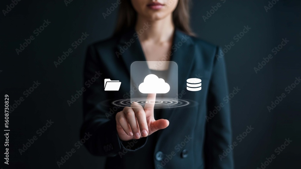 Poster woman interacting with cloud computing interface data storage solutions business technology on trans