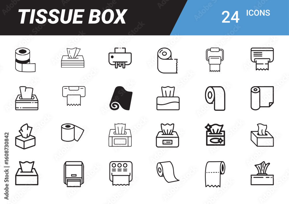 Aufkleber tissue box icons: a comprehensive set of 24 distinct tissue box icons, embodying a clean, modern des