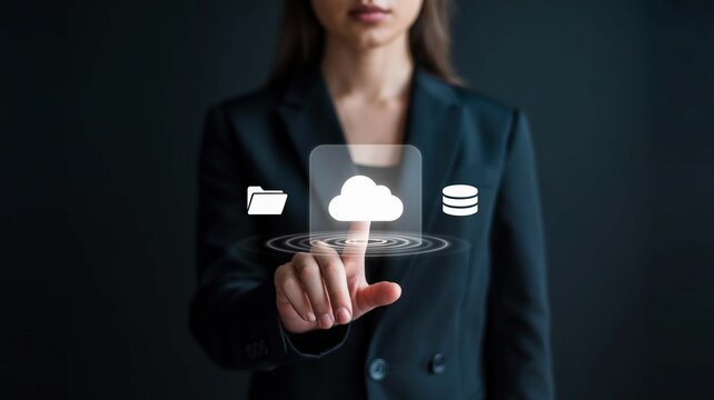 Woman Interacting with Cloud Computing Interface Data Storage Solutions Business Technology on transparent background