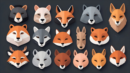 Collection of stylized fox and wolf faces in geometric art style