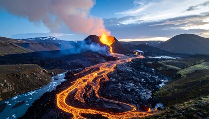 Volcanic eruption, lava flows across landscape
