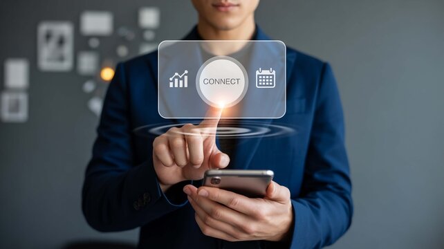 Connection Strategy Businessman Navigating Touchscreen Interface with Business Analytics on transparent background - Powered by Adobe
