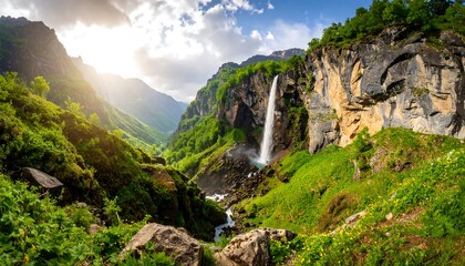 Sunlit valley with a tall waterfall cascading down a rocky cliff face, lush green vegetation