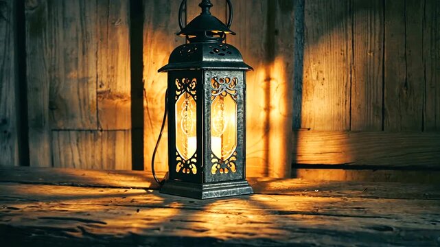 Vintage lantern casting warm light in a rustic wooden setting, creating a cozy atmosphere