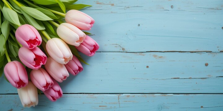 Elegant pink and white tulips arranged on a rustic light blue wooden surface with space for text