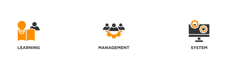 LMS banner web icon illustration concept for learning management system, educational courses, training and development programs with online learning, administration, growth, and automation icon