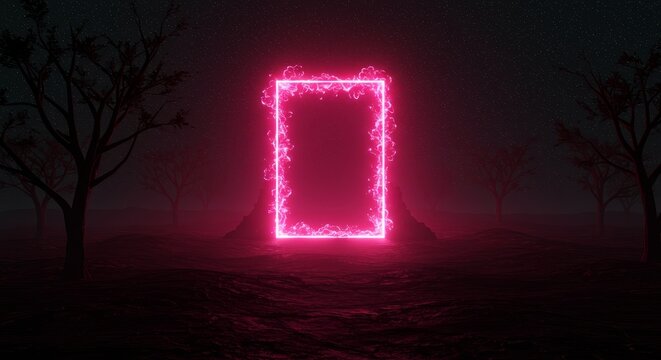 Ethereal Radiance A Pink Futuristic Portal Illuminates a Dark and Mysterious Landscape