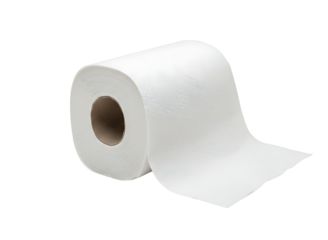 White toilet paper roll with unrolled sheet isolated on transparent background