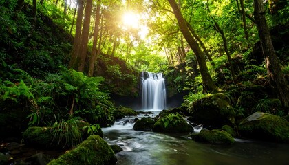 Sunlit waterfall cascading through lush green forest, mossy rocks and ferns line the stream