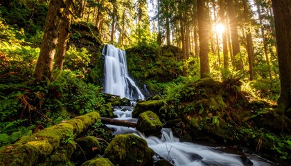 Sunlit waterfall cascading through lush, mossy forest