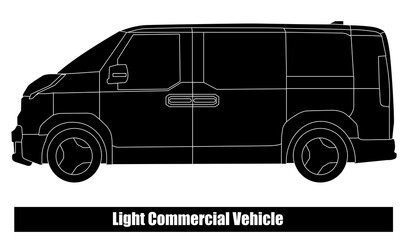 LCV ist ein Fahrzeugtyp in kleiner bis mittlerer Größe, der für gewerbliche Zwecke wie den Transport von Waren oder Personen verwendet wird. Dargestellt im Silhouettenstil.