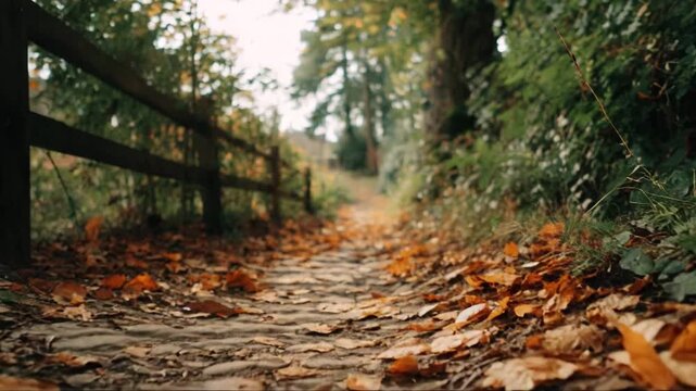Cozy autumn pathway with fallen leaves beside wooden fence  