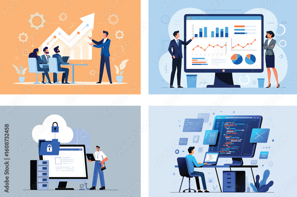 Poster collection of vector illustrations for business growth, data analytics, cloud security, and programm