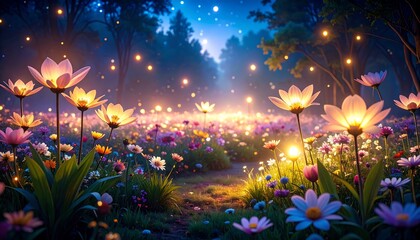 A magical, luminous meadow at night. Glowing flowers and fireflies illuminate a path through a vibrant flower field under a starry sky