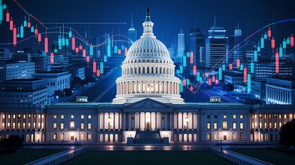 Nighttime View U S Capitol Building Illuminated City Skyline Overlayed Stock Market Candlestick