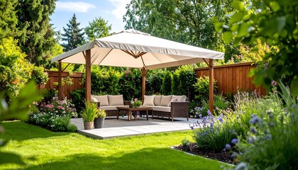 Sunny garden patio with a beige fabric gazebo, wicker furniture, and lush landscaping