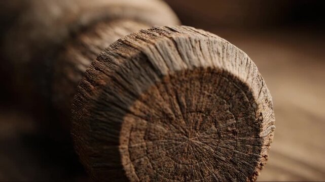 Closeup of rustic wooden log end with textured surface  