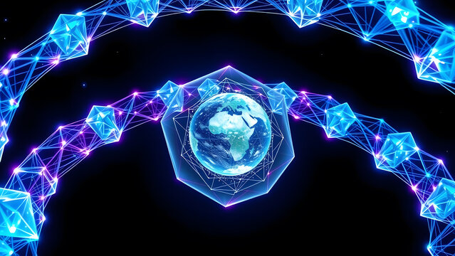 Futuristic digital network surrounds the Earth, representing global technology and interconnected data.