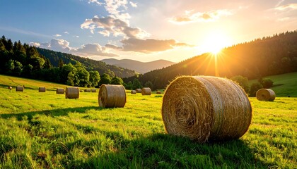 Sunset over a grassy field with hay bales