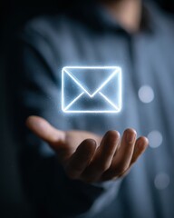 Hand holding glowing email envelope icon, communication concept