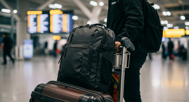 A traveler pulls luggage through an airport terminal, with a backpack on top of a suitcase, and a flight information board in the background.