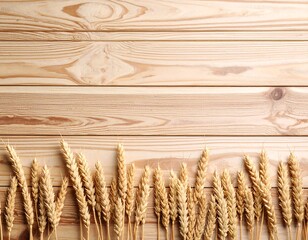 Wheat ears arranged on light beige wooden planks