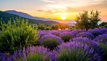 Sunset over a lavender field in a mountainous region