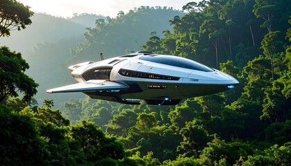 White futuristic craft soars through lush jungle