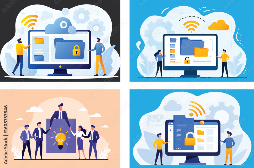 Poster business technology and data security vector illustration set. cloud computing and teamwork concepts