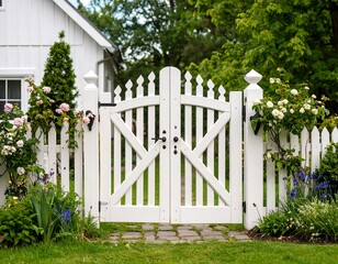 White picket fence gate, charming cottage, lush garden