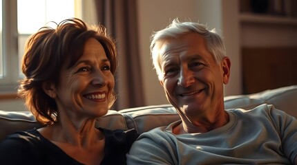 Happy Man and Woman Smiling, Sitting on a Leather Recliner, Sitting on a Grey Minimalist Sofa