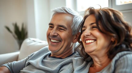 Happy Man and Woman Smiling, Sitting on a Leather Recliner, Sitting on a Grey Minimalist Sofa