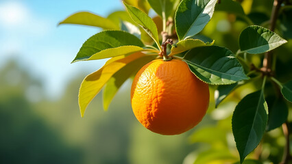 Ultra-Realistic Close-Up of an Orange Hanging on Tree Surrounded by Green Leaves in Natural Daylight, High-Detail Macro Photography