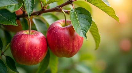 Ultra-Realistic Close-Up of Apples Hanging on Tree Surrounded by Green Leaves in Natural Daylight, High-Detail Macro Photography