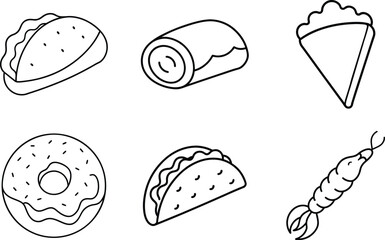 Tacos Nachos and Wrap Icon Set in Hand Drawn Fast Food Style.eps