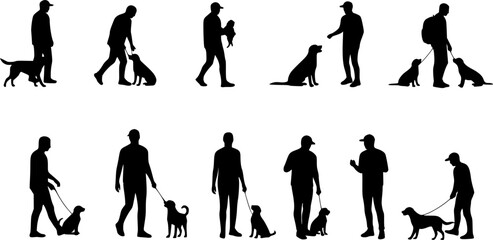 Fototapeta premium silhouettes of humans and dogs, set against a white background, black and white, vector illustration, simple vector graphics