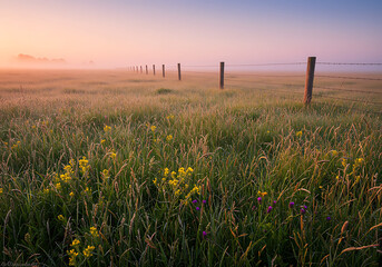 Peaceful morning mist settling over a vast field, highlighted by a fence and bright, contrasting wildflowers.

