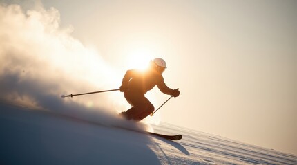 Skier glides down snowy slope at sunset showcasing winter sport's thrill and beauty in a serene mountain landscape