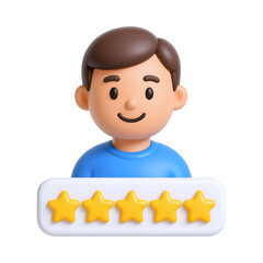 Five star review icon featuring smiling character with blue shirt, expressing satisfaction