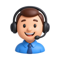 Friendly cartoon service agent with headset and blue shirt, ready to assist customers