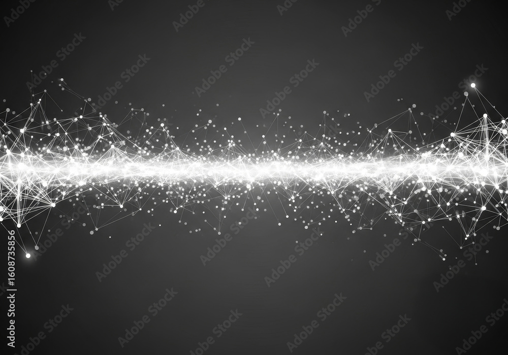 Poster abstract waveform - glowing white particles forming a wave on a dark grey background. perfect for te