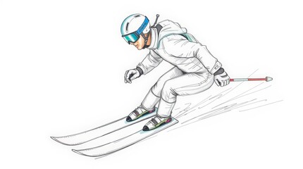 Skier racing down a snowy slope during a winter sports event in a mountainous region