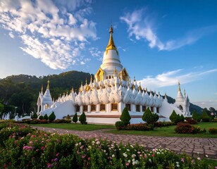 White temple, serene sunrise, lush gardens