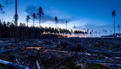Twilight descends on a recently clear-cut forest, stumps and debris scattered across the ground