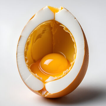 Macro photography of a cut-open chicken egg revealing the white albumen, yellow yolk, and dark brown chalaza, showcasing the intricate internal anatomy structure.