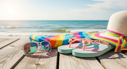 Beach Vacation Essentials - Sunglasses, flip flops, and a hat on a wooden boardwalk overlooking the ocean. Perfect summer vacation