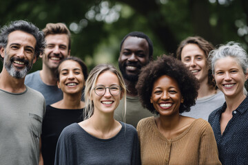 Obraz premium Diverse group portrait, smiling, different ethnicities and genders, empowering, inclusive, outdoor, modern style