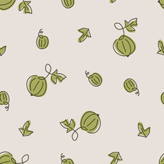 Vector green gooseberry seamless pattern. Fruits-themed designs repeat background ideal for fabric, scrapbooking, stationery, cards, wrapping, textiles and wallpaper.