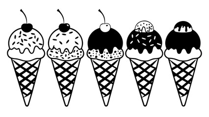 Ice cream cones vector illustration black and white dessert sweet treat summer food graphic design clipart drawing