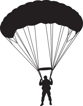Detailed black silhouette of a paratrooper descending with an open parachute, perfect for military, airborne, and skydiving themes, symbolizing courage and adventure